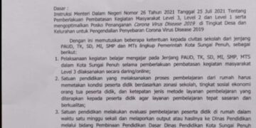 Wali Kota Sungai Penuh Keluarkan Surat Edaran Terkait Proses Belajar Mengajar Masa Pandemi Covid-19