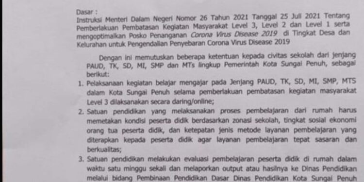 Wali Kota Sungai Penuh Keluarkan Surat Edaran Terkait Proses Belajar Mengajar Masa Pandemi Covid-19