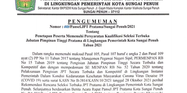 Ini Nama-nama yang Lulus Administrasi Lelang Jabatan Pemkot Sungai Penuh
