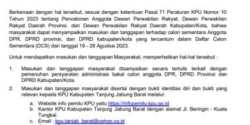 KPU Tanjab Barat Umumkan Daftar Calon Sementara Anggota DPRD Tanjab Barat