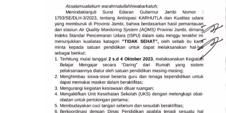 Kualitas Udara Tidak Sehat, SLTA se-Provinsi Jambi Diminta Belajar Secara Daring