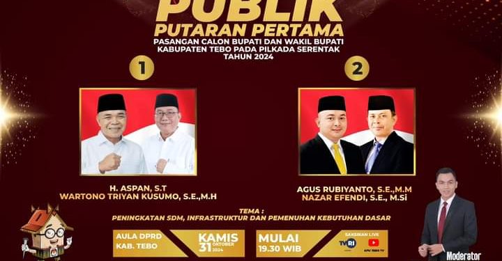 KPU Tebo Akan Menggelar Debat Kandidat Pilkada Pertama 2024 Dengan Tema: PENINGKATAN SDM, INFRASTRUKTUR DAN PEMENUHAN KEBUTUHAN DASAR